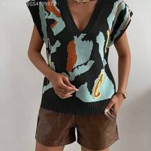 Soqi Women's Clothing  Chaleco De Punto Sin Mangas Con Cuello En V Y Bloques De Color - Multicolor - Ver 7