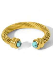 1pc 18K Gold Plated Stainless Steel Natural Stone Decor Open Ring, Suitable For Women's Daily And Party Wear, Gift - Gold - View 12