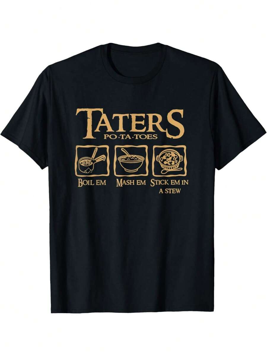 Camiseta Divertida con Diseño de Patatas - Camiseta de Algodón Negra de Corte Holgado, Adecuada para Jóvenes, Camiseta Casual de Cuello Redondo con Diseño, Lavable a Máquina, Regalo Divertido para Enamorados, para Adolescentes - Negro - Ver 1