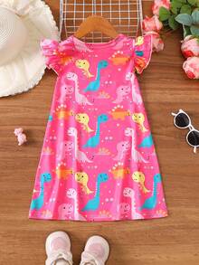 Girls Cute Kitty Print Casual A-Line Dress With Ruffle Sleeves, Summer Holiday & Daily Wear - Hot Pink - View 6