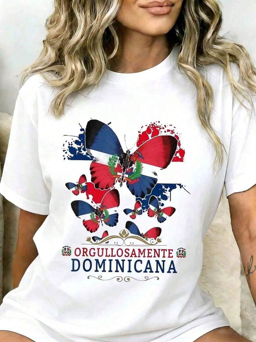 Cotton T-Shirt With Dominican Butterfly Flag Design, Women's National Pride Graphic Tee, Patriotic Clothing For Dominican Republic Independence Day Celebration, Must-Have - 白色 - 查看 1