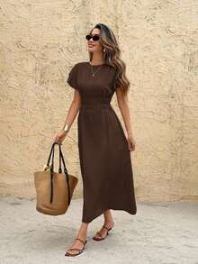 Vestido de manga corta con cuello redondo a rayas, cintura ceñida y largo medio para mujer - Marrón 3 - Ver 1