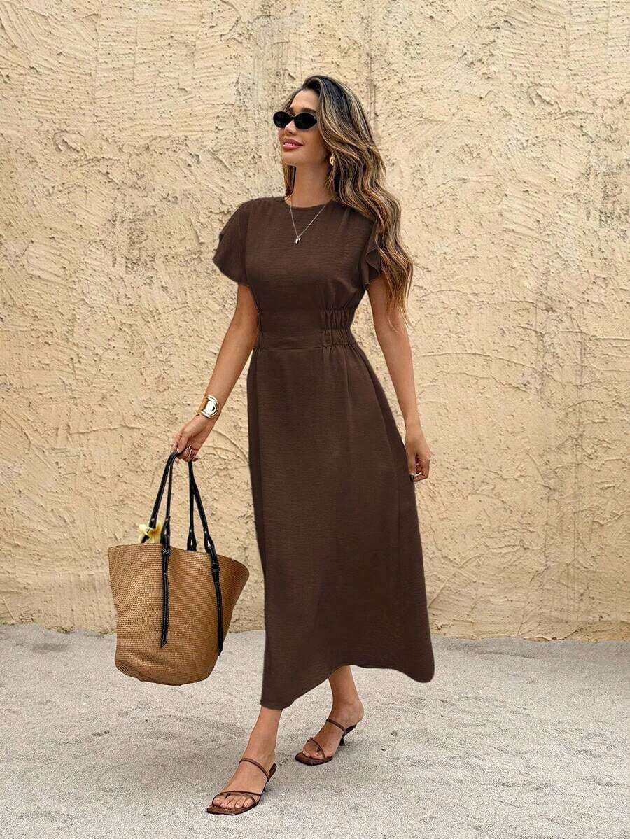 Vestido de manga corta con cuello redondo a rayas, cintura ceñida y largo medio para mujer - Marrón 3 - Ver 1