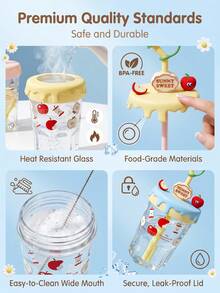 Gelas Kaca Warna Krem dengan Motif Apel Lucu, Dilengkapi Sedotan Dekoratif dan Tutup Silikon, Gelas Air Sedotan Kapasitas Besar yang Cantik dan Lembut, Cocok untuk Kopi Dingin, Teh Buah, Sempurna untuk Penggunaan di Rumah dan Kantor - MultiWarna - View 3