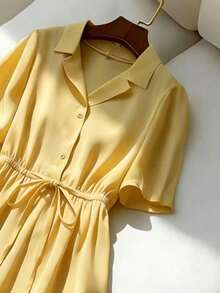 Nuevo vestido de manga corta con cuello y cintura ceñida, para primavera/verano - Mostaza Amarilla - Ver 3