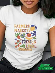New 2026 Collection: Cotton T-Shirt With Anime Letter Print, Women's Round Neck T-Shirt With A Simple Design, Comfortable And Breathable, Suitable For Casual Daily Wear, Showcasing A Refreshing Summer Style, A Must-Have For Parties, Local Shipping, With The Text FARMERS MARKET And LOCAL. Lightweight Cotton. - 杏色 - 查看 9