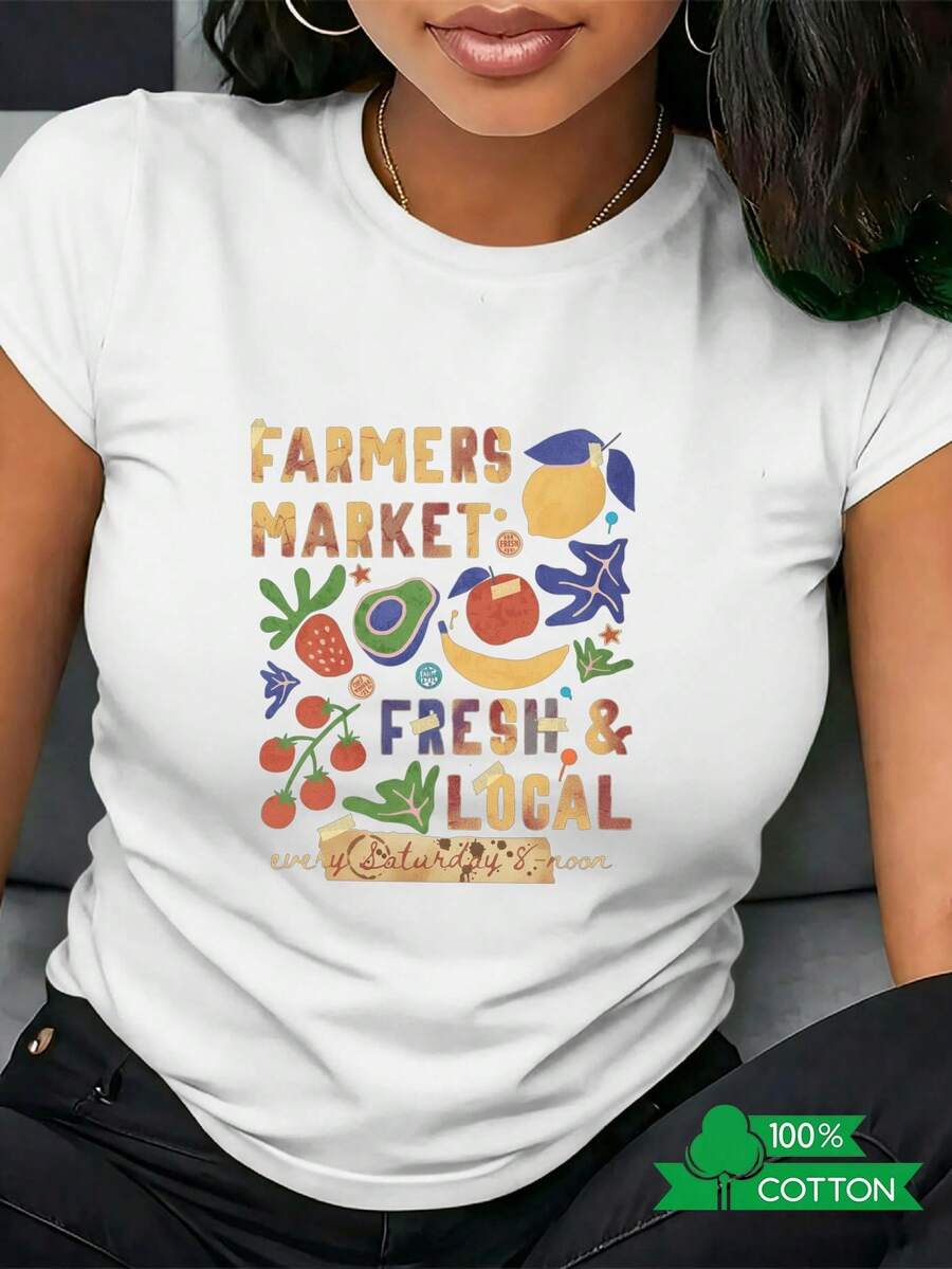 New 2026 Collection: Cotton T-Shirt With Anime Letter Print, Women's Round Neck T-Shirt With A Simple Design, Comfortable And Breathable, Suitable For Casual Daily Wear, Showcasing A Refreshing Summer Style, A Must-Have For Parties, Local Shipping, With The Text FARMERS MARKET And LOCAL. Lightweight Cotton. - 白色 - 查看 1
