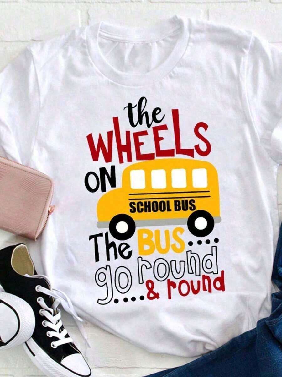 Short-Sleeve T-Shirt With Bus Wheel Design, Teacher Appreciation, Teacher T-Shirt, Women's Graphic Tee, Back To School, Teacher Apparel, Women's Casual Crew Neck T-Shirt, Fitted T-Shirt, 100% Cotton - 白色的 - 查看 1
