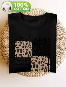 New Spring/Summer 2026 Women's Short Sleeve T-Shirt, Stylish Retro Artistic Design With Custom Lettering, Popular Animal And Floral Prints, 100% Pure Women's Short Sleeve T-Shirt, Essential Round Neck Short Sleeve T-Shirt For Spring And Summer - Black - View 3