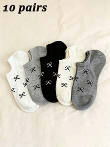 5/10 Pairs Women's Solid Color Bow Tie Boat Socks, Sweet & Comfortable Breathable Invisible Socks, Suitable For Daily Wear, Travel, Home, All Seasons - Multicolor - View 7