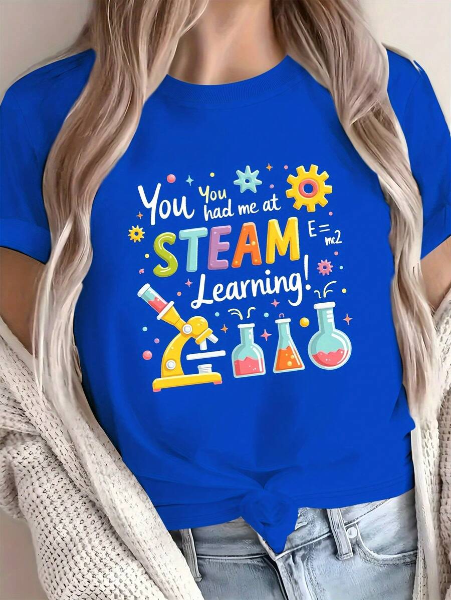 Camiseta cómoda de color sólido para mujer con el ícono de ciencia STEAM learning. - Azul - Ver 1