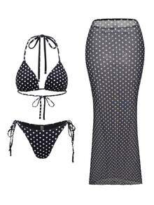 Bộ bikini đen chấm bi 3 món dành cho nữ, kiểu cổ yếm, gợi cảm, hở lưng, thích hợp cho kỳ nghỉ hè đi biển. - Nhiều màu - Xem 3