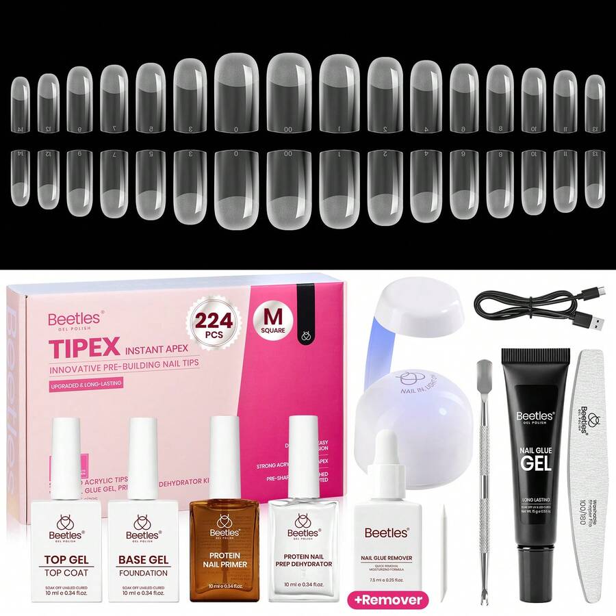 Beetles 224Pcs Tipex Instant Apex Nail Tips Kit, Reinforced Apex Strong Long-Lasting, 20g Solid Nail Glue, Mini UV Lamp Base & Top Coat Manicure Set - Medium Square - View 1