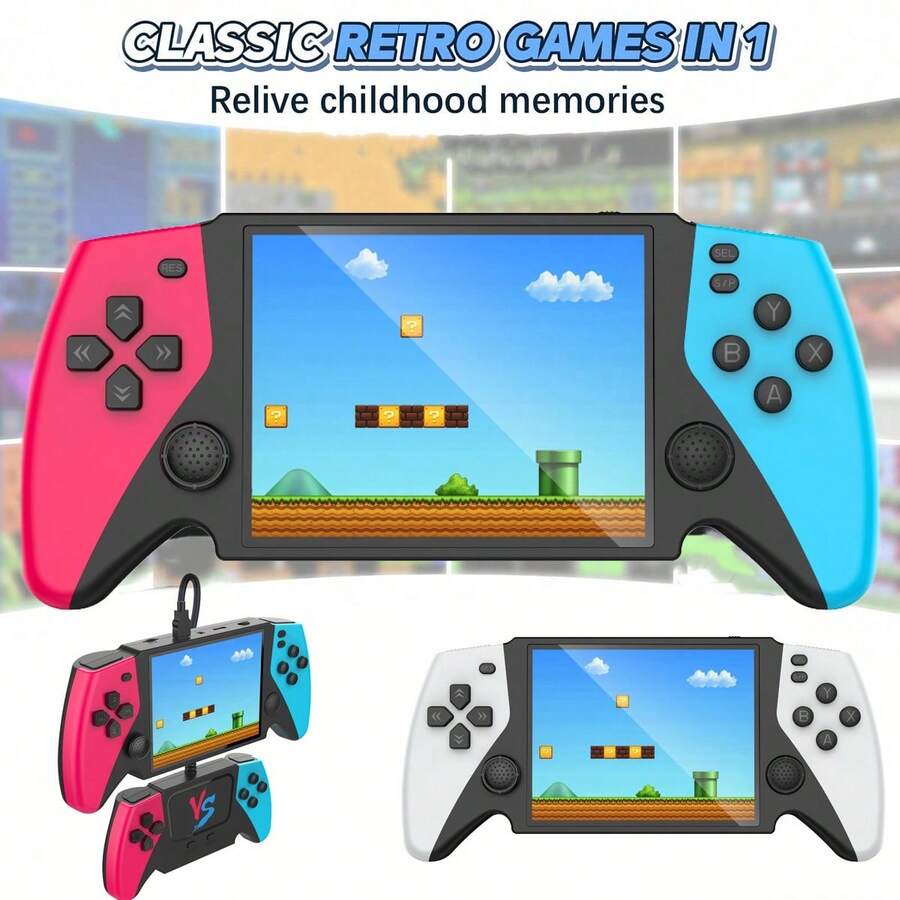 Konsol Game Genggam Retro dengan 600+ Game Klasik, Layar HD 3,8 Inci, Konsol Game Genggam Klasik Merah/Biru dengan Speaker, Pengontrol Nirkabel, Dapat Diisi Ulang, Terhubung ke TV, Hadiah Ulang Tahun dan Natal Terbaik