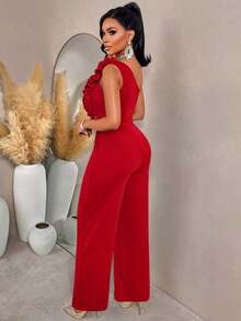 AIJ Conjunto de fiesta para mujer Amarilo: Pantalones acampanados de pierna ancha con cinturón y un hombro con volantes, adecuado para salidas, citas, reuniones, cenas y fiestas de cóctel, unicolor - Rojo - Ver 2