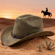 Women Men Western Cowgirl Hats Fashionable Belt Decor Rolled Up Brim Jazz Caps For Outdoor Travel - Army Green - View 2