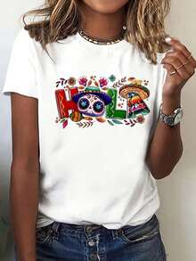 Stylish And Modern Street Style - Fashionable Casual T-Shirt With Mexican Day Of The Dead Print, Round Neck, Short Sleeve, Sporty, Women's Clothing - 黑色 - 查看 3