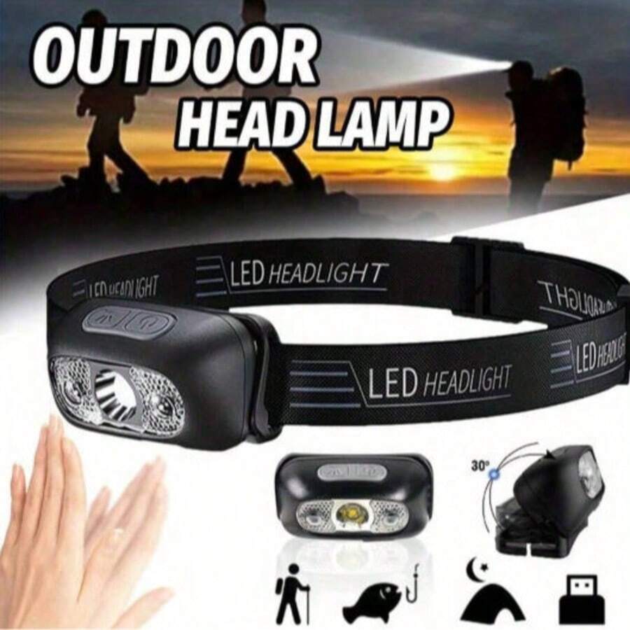 Linterna frontal LED recargable por USB - Portátil, linterna con sensor de movimiento, adecuada para senderismo, camping y trabajos de emergencia - negro - Ver 1