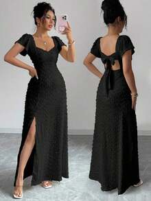 Vestido largo elegante y delgado de unicolor con espalda descubierta, lazo y mangas de loto con abertura alta, para vacaciones y citas en primavera/verano - Albaricoque - Ver 9