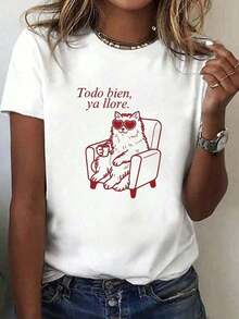 Under The Radar Women's Heartwarming Yet Adorable Cat Print T-Shirt - Cute Kitten Graphic Tee For Cat Lovers, Everyday Casual And Themed Wear (Machine Washable), Plus Size White Skin-Friendly-Vintage Street Style Unisex Loose Cotton Short Sleeve Crew Neck T-Shirt - 白色 - 查看 6