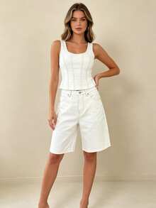 Women Loose Fit Denim Shorts Elegant Solid Color Zip Fly with Button Closure Knee Length Bermuda Jean Shorts for Beach Daily Wear - Blanco - Ver 4