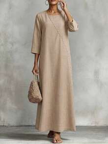 Vestido holgado de mujer con cuello redondo, decoración de botones y mangas 3/4 de estilo lino, cómodo para primavera y verano - Caqui - Ver 4