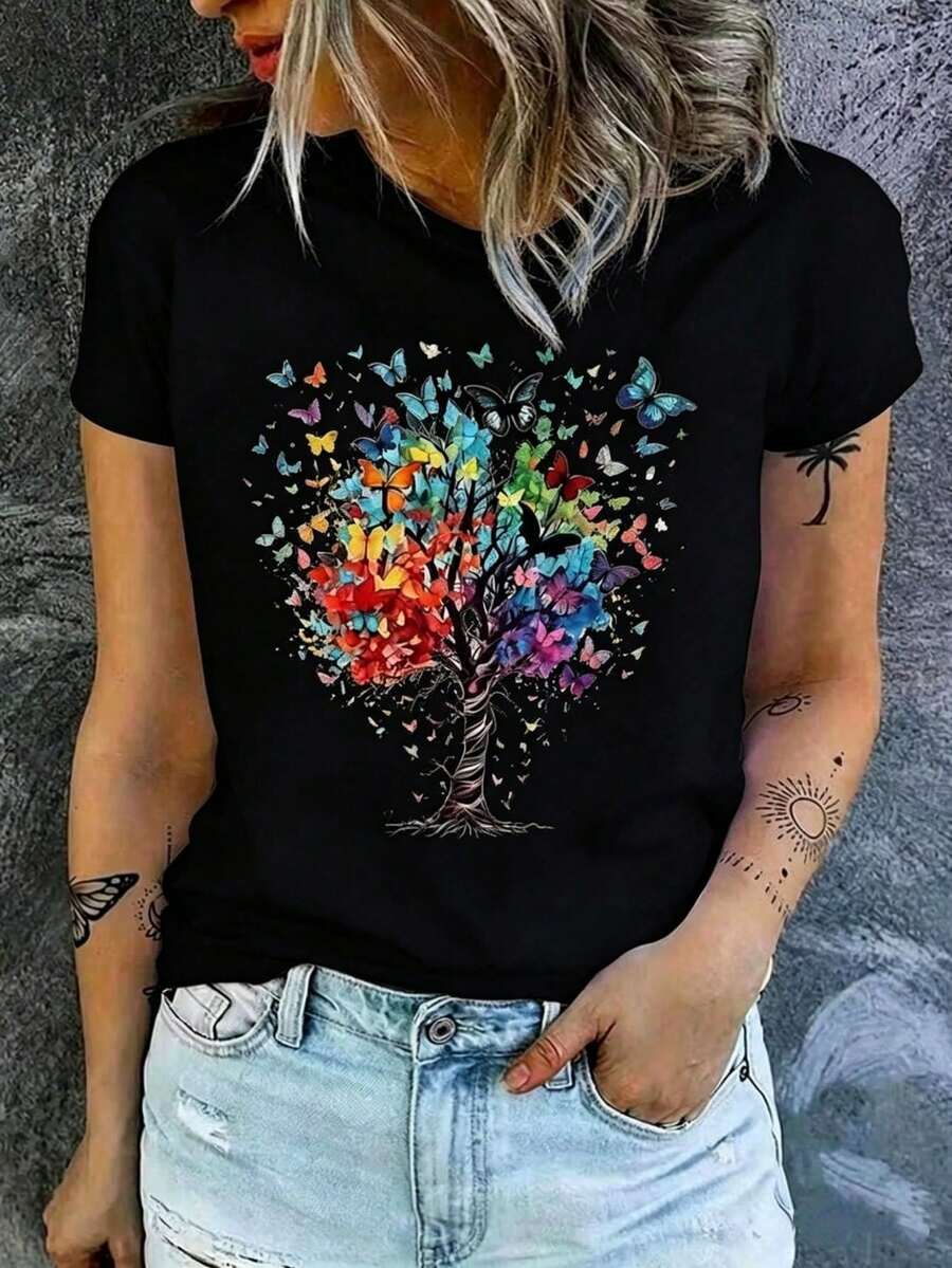 Women's Short-Sleeved T-Shirt, Round Neck, Loose Fit, Casual And Versatile, New Butterfly And Tree Print, Ideal As A Base Layer, Soft Fabric With Good Drape - 黑色 - 查看 1