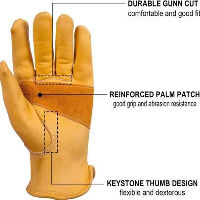 1 Pair Of Premium Flex Grip Leather Work Gloves - Stretchable Wrist, Tough Cowhide, Durable, Water-Resistant, And Puncture-Proof For Heavy-Duty Working, Gardening, And Outdoor Activities (Yellow)
