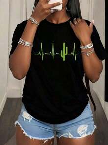Women's Vintage Saguaro Cactus T-Shirt - Cactus Lover Heartbeat Graphic T-Shirt Casual Fashion For Women Gothic Style Tops - 黑色 - 查看 6