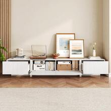 98" TV Stand For Living Room, Modern Entertainment Center With Drawers & Storage Compartments, Large TV Console Fits 55"-95" TVs, Square Top With Grooved Drawer Fronts & Stable Base,Natural - 白色 - 查看 9