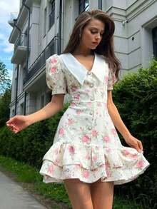 Spring/Summer Casual Style Dress With Collar, Front Buttons, Tie Back And Tie-Dye Print, For Everyday Wear, Western Style, Bohemian, Music Festivals, Vacation, Fairycore Style, Elegant For Women - 鵝黃色 - 查看 2