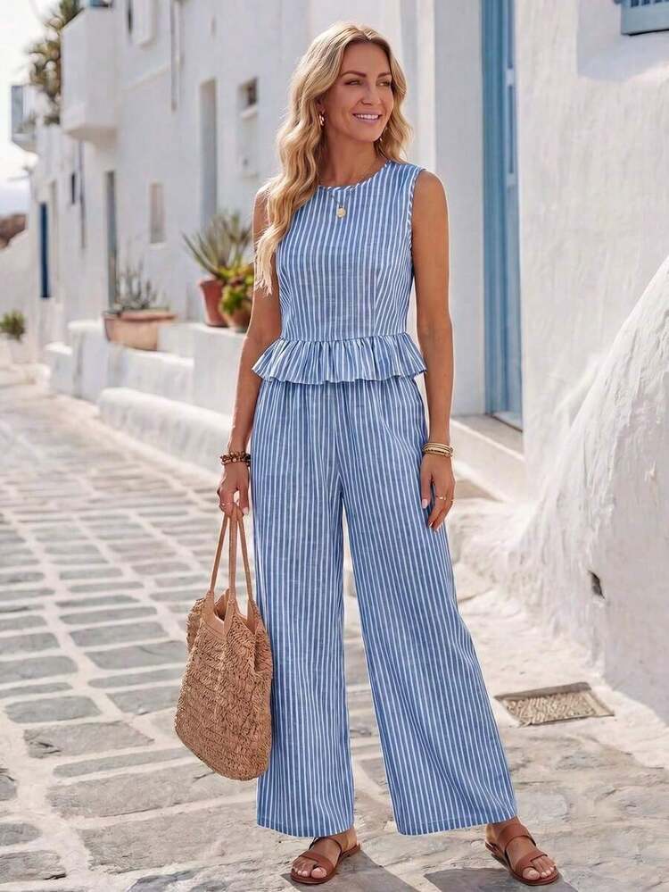 Conjunto casual de 2 piezas de mujer para vacaciones, con camiseta sin mangas con volantes en el bajo y pantalones de pierna ancha a rayas - Azul y blanco - Añade 3