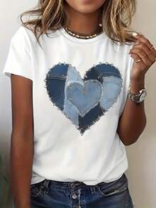 Morbida.1pac.100% Cotton. Faux Denim Heart-Shaped Aesthetic Pattern Printed Short-Sleeve Round-Neck T-Shirt, Casual Top For Women In Spring And Summer. Estiva Casual - 白色 - 查看 4