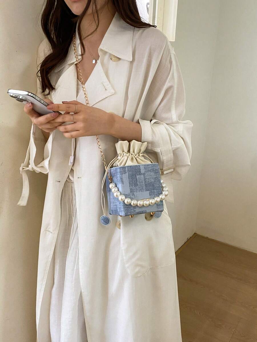 1pc Light Blue Denim Mini Bucket Bag, With Faux Pearl Handle & Gold-Tone Chain Strap, Drawstring Closure, Romantic Style, Small Crossbody Purse For Women - Blue - View 1