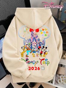 Disney Women's Loose-Fitting Hooded Sweatshirt With Castle And Mickey Mouse Family Print Design On The Front And Back. 2026 Travel-Themed Style, Casual, Comfortable, And Versatile, Suitable For Amusement Parks And Outings. - Màu be - Xem 5
