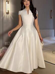 Elegant V-Neck Puff Sleeve Waist Cinched A-Line Midi Dress, Slim Fit Casual/Work Dress For Women, Summer - 白色 - 查看 3