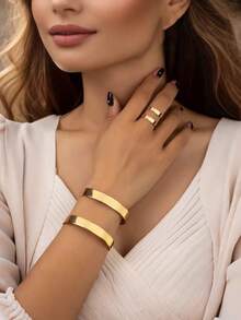 2 piezas Conjunto de brazalete y anillo geométrico hueco minimalista, adecuado para uso diario de mujeres - Anillo pulsera calado - Ver 5