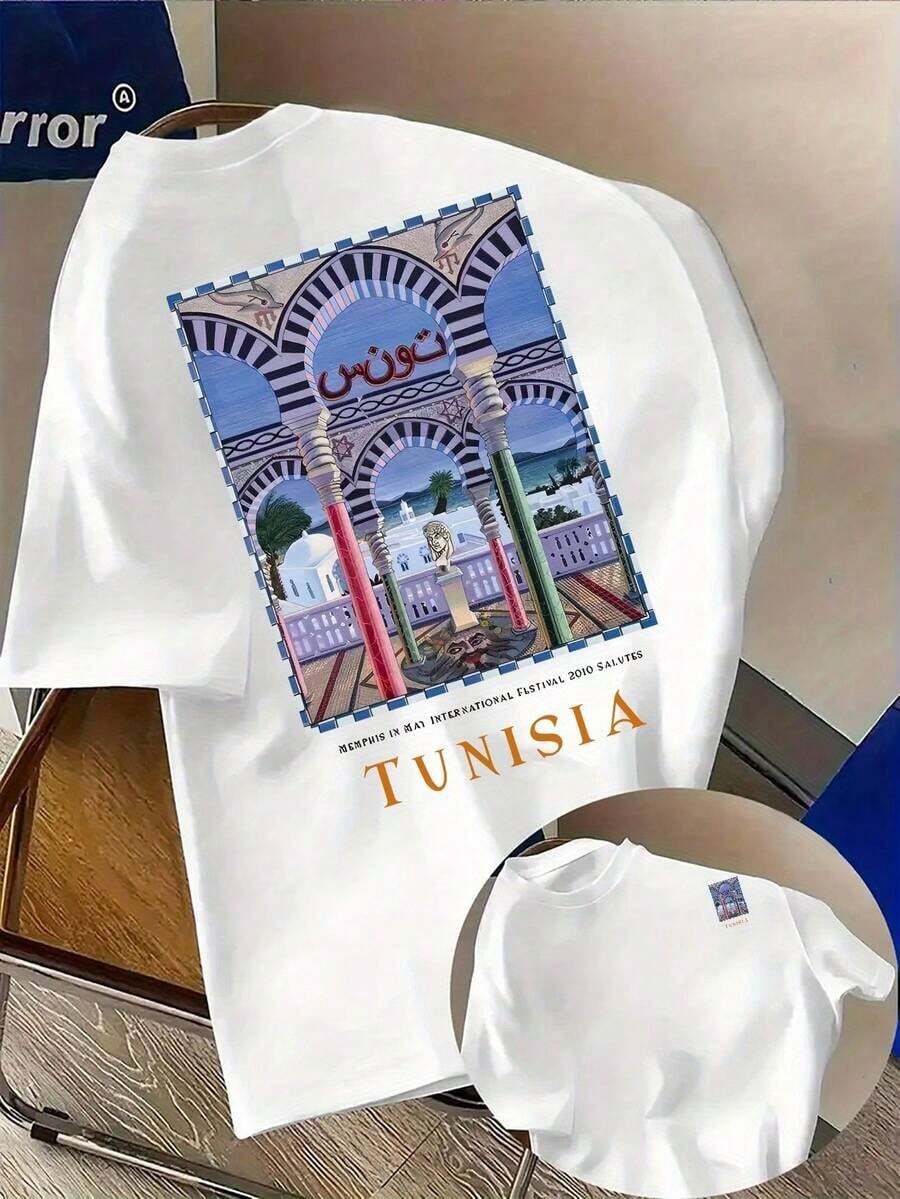Vintage Summer Tops, Men's "Tunisia" T-Shirt With Original Lettering – Year-Round Comfort, Relaxed Fit, Double-Sided Print, Comfortable Material – Lightweight And Casual Summer Streetwear Top, Machine Washable – Unisex Cotton T-Shirt, Classic Fit, Summer Tops In The Style Of The 2000s. - 白色 - 查看 1