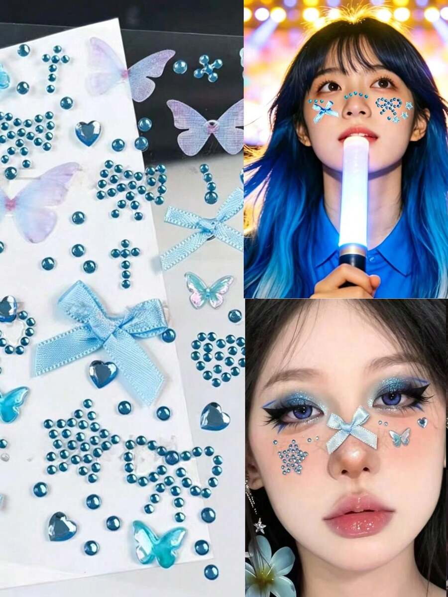 1 pieza Pegatina de rostro con lazo azul y mariposa, Calcomanía de strass para aclamación de conciertos de estrellas, Pegatina de decoración de rostro con strass autoadhesiva, Pegatina de aclamación de conciertos azul, Pegatina de lazo y strass, Pegatina de decoración de rostro autoadhesiva - Multicolor - Ver 1