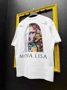 ChristmasFractyr Camiseta Holgada para Hombre con Diseño de Arte Dividido de la Mona Lisa, con Estampado Frontal y Trasero, Camiseta Blanca Suave de Estilo Urbano, Artículo Popular - Negro - Ver 10