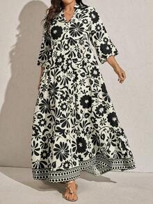 Comfylo Vestido casual con estampado floral, cuello en V y mangas acampanadas para mujer talla grande - Negro - Ver 5
