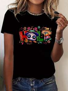 Stylish And Modern Street Style - Fashionable Casual T-Shirt With Mexican Day Of The Dead Print, Round Neck, Short Sleeve, Sporty, Women's Clothing - 黑色 - 查看 7