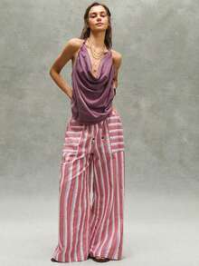 Top sin espalda de punto de unicolor con cuello drapeado para mujer - Morado - Ver 6