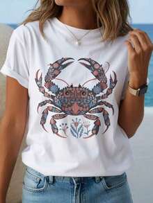 Flower Crab - A Must-Have New Product For Summer - Suitable For Spring And Summer - Comfortable Casual T-Shirt For Women With Round Neck For Spring And Summer - Soft Touch, Ideal Gift For All Occasions - Casual T-Shirts 2026 - White Top - Summer Tops For Women - New Summer Outfits For Women 2026 - Washable T-Shirt For Women - 白色 1 - 查看 6