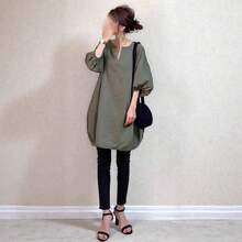 Blouse, Long T-Shirt, Cut And Sew, Tunic, Shirt, Short-Sleeve Top, 2026 New Arrival, Natural, Plus Sizes, Figure-Flattering, Stylish, Adult, Cute, Casual, Everyday, Elegant, Fashionable, Versatile, Comfortable - Navy Blue - View 3