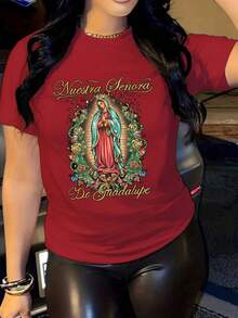 Women's T-Shirt With Christian Faith-Inspired Design - Our Lady Of Guadalupe Prayer Design, Soft Round Neck, Short Sleeve, Casual Style, Breathable And Comfortable For All Seasons, Suitable For Casual Wear And Religious Activities, Spanish Print "De Guadalupe", 100% Cotton - 紅色 - 查看 7