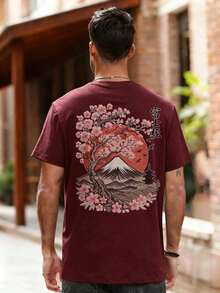 The Hottest Item Of The Summer: Men's Short-Sleeved Crew Neck T-Shirt With Embroidered Sakura And Mountain Print, Minimalist Summer Fashion. | Basic Casual Urban Style T-Shirt, Boyfriend Gift, Stylish, Popular, Party T-Shirt. - 紅色 - 查看 6
