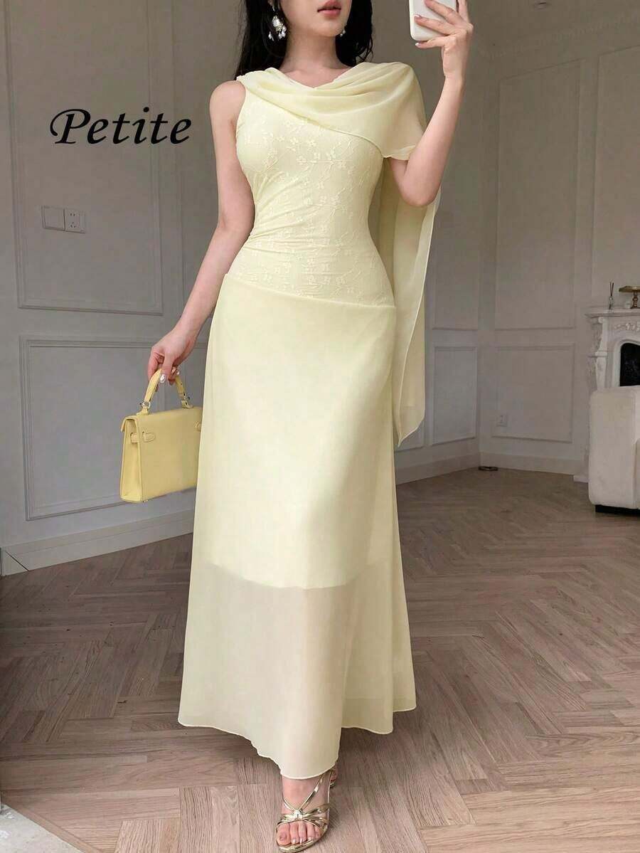 Petite Vestido largo elegante de mujer con patchwork de encaje amarillo a crochet - Amarillo - Ver 1