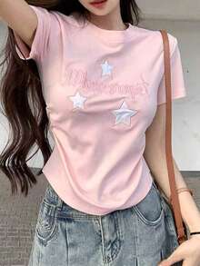 女款刺繡落肩修身圓領上衣 粉色休閒復古夏季款 - 粉色 - 查看 2