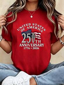 250th Anniversary American Flag T-Shirt & Light Blue Denim Shorts - Heavyweight 250 Years Of Independence Celebration, Soft Crew Neck Casual Shorts Suitable For Men & Women, 4th Of Outfit, Machine Washable,Women's Graphic Round Neck Short Sleeve Tee, Casual Daily Tops, St. Patrick's Day Easter Holiday Outfits - Đỏ 2 - Xem 5